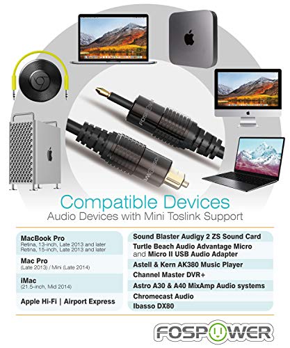 24K Gold Plated Toslink to Mini Toslink Digital Fiber Optical S/PDIF Audio Cable with Metal Connectors & Strain-Relief PVC Jacket - 6ft