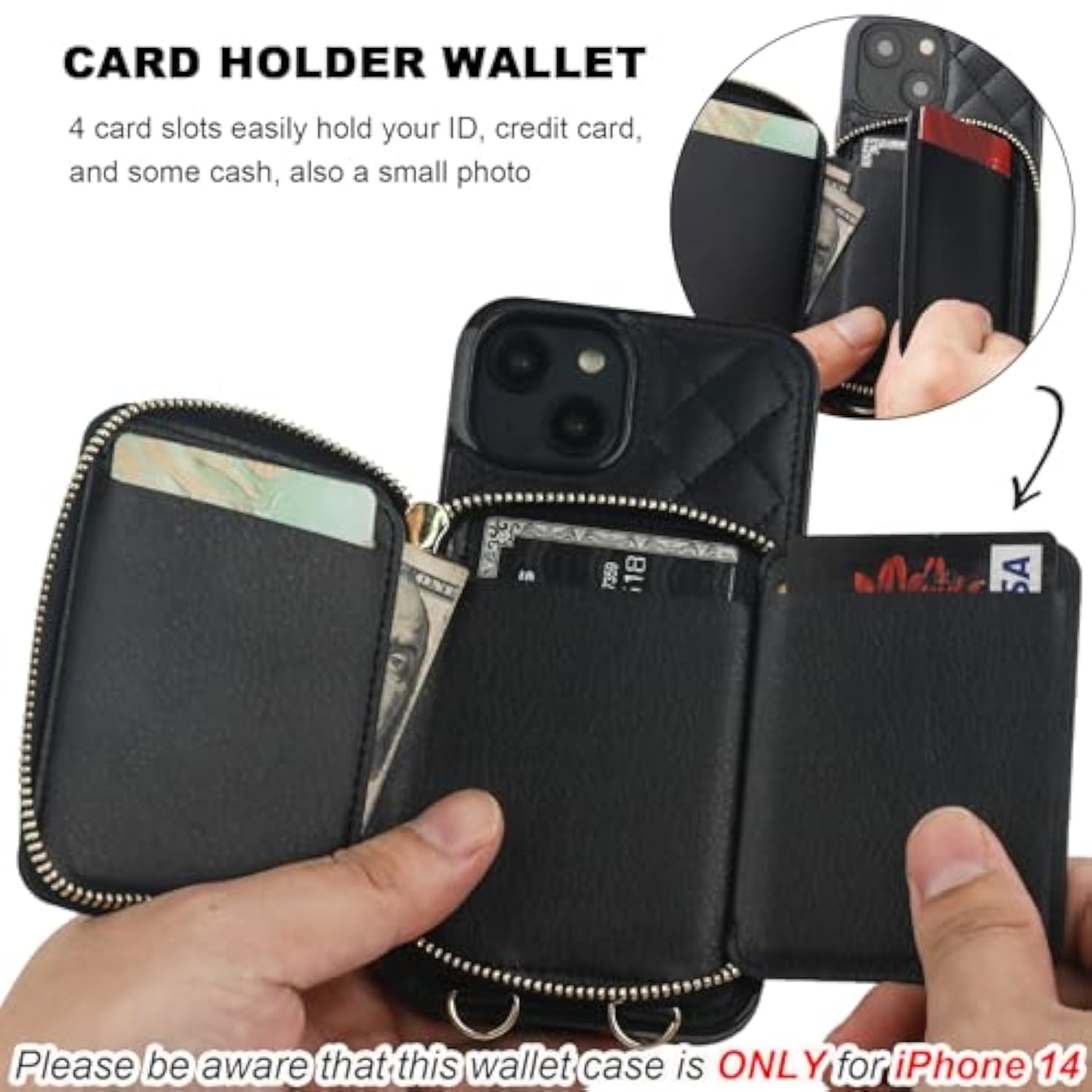 iPhone 14 Crossbody Wallet Case RFID PU Leather Card Holder Black
