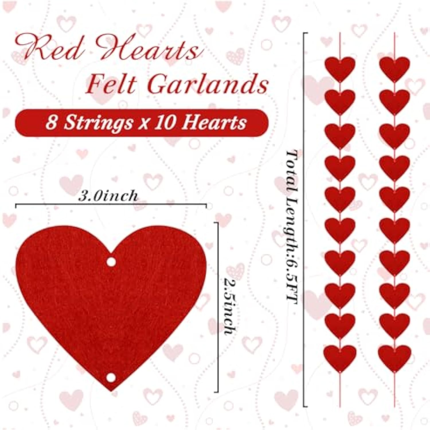 80 Pcs Red Hearts Felt Garland, Valentines Day Decor Hanging String, N