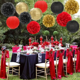 Red-Black Gold Party-Decorations Paper Flowers Lanterns - 15Pcs Casino Theme Halloween Tissue Pom Poms Streamers,Game Night Women Men Birthday Wedding Bachelorette Hanging Supplies Decor
