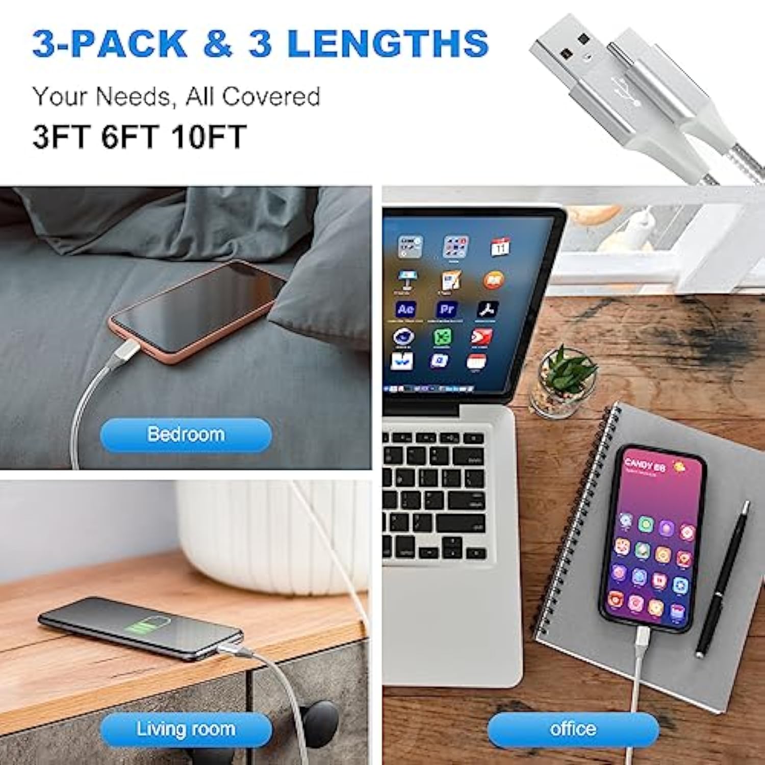 Usb-C Cable 3A Fast Charging, 3-Pack (10Ft+6Ft+3Ft) Usb A To Type C Charge Nyl