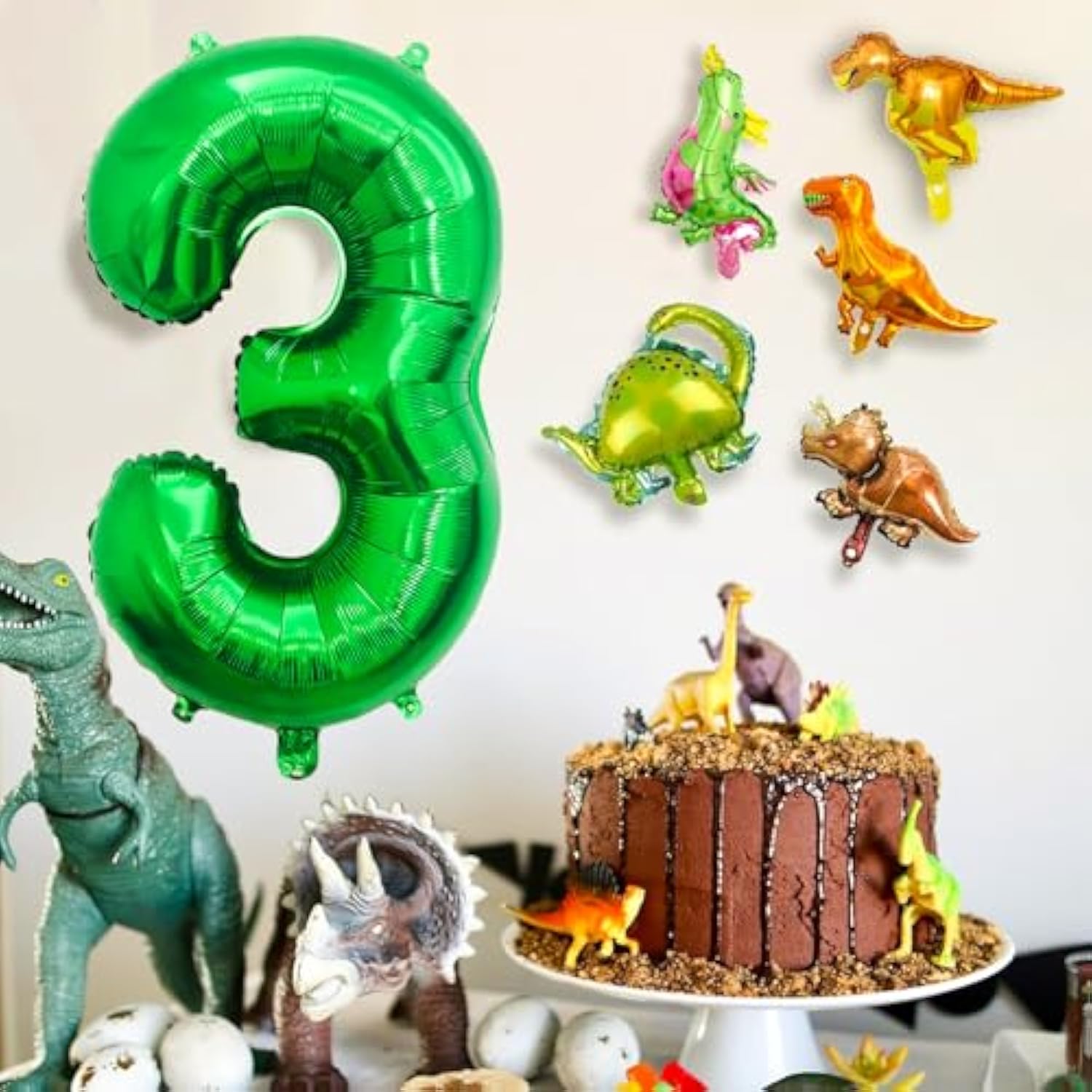 Large Dinosaur Balloon Number 3, 40 Inch Dark Green Foil Balloon And 5 Mini Dinosaurs Balloons For 3Rd Dino Birthday Decorations And Dino Party Supplies Boys And Girls