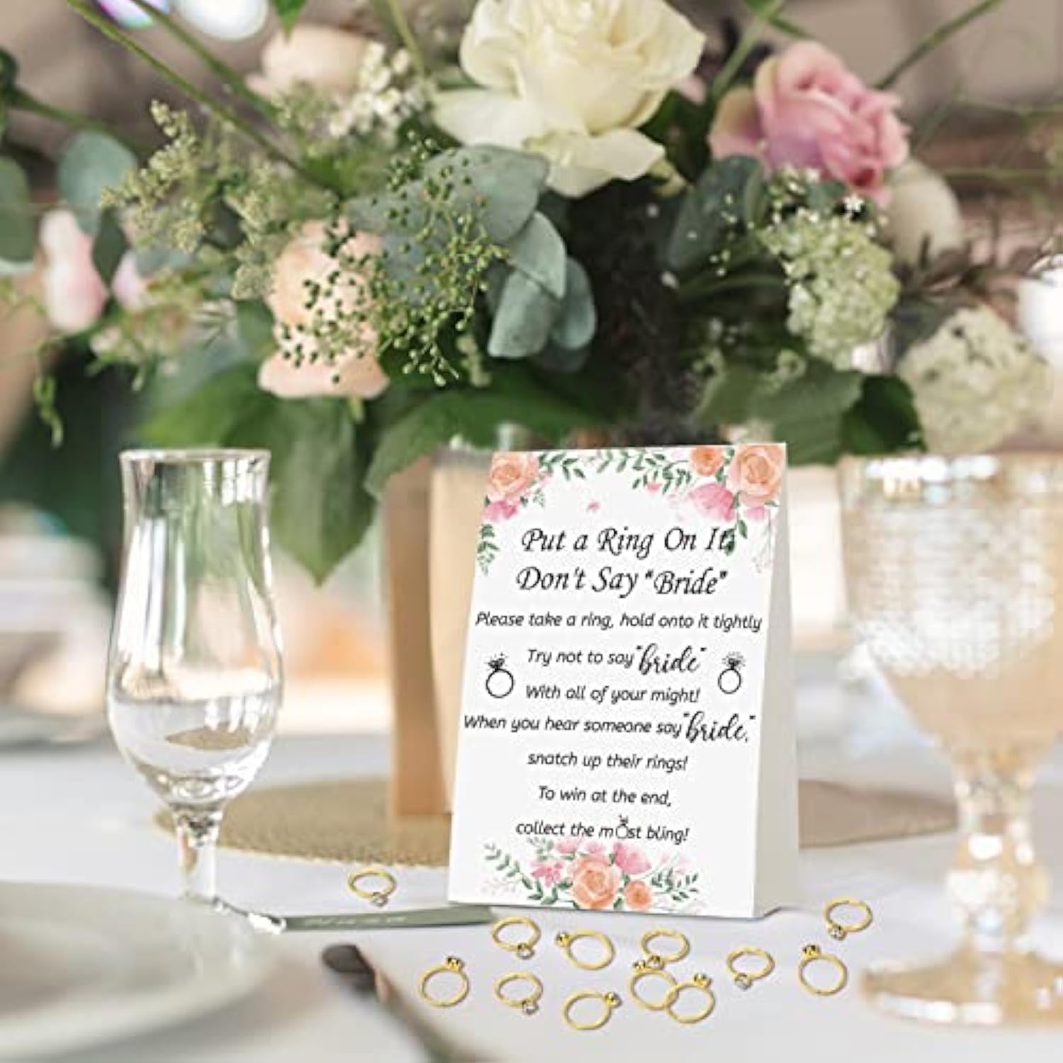 Put A Ring On It Bridal Shower Game With 50 Fake Rings, Rustic Greenery Theme Wedding Shower Games Wedding And Engagement Rings And Not Say Bride Rules Cards(Bright Flowers,Gold)