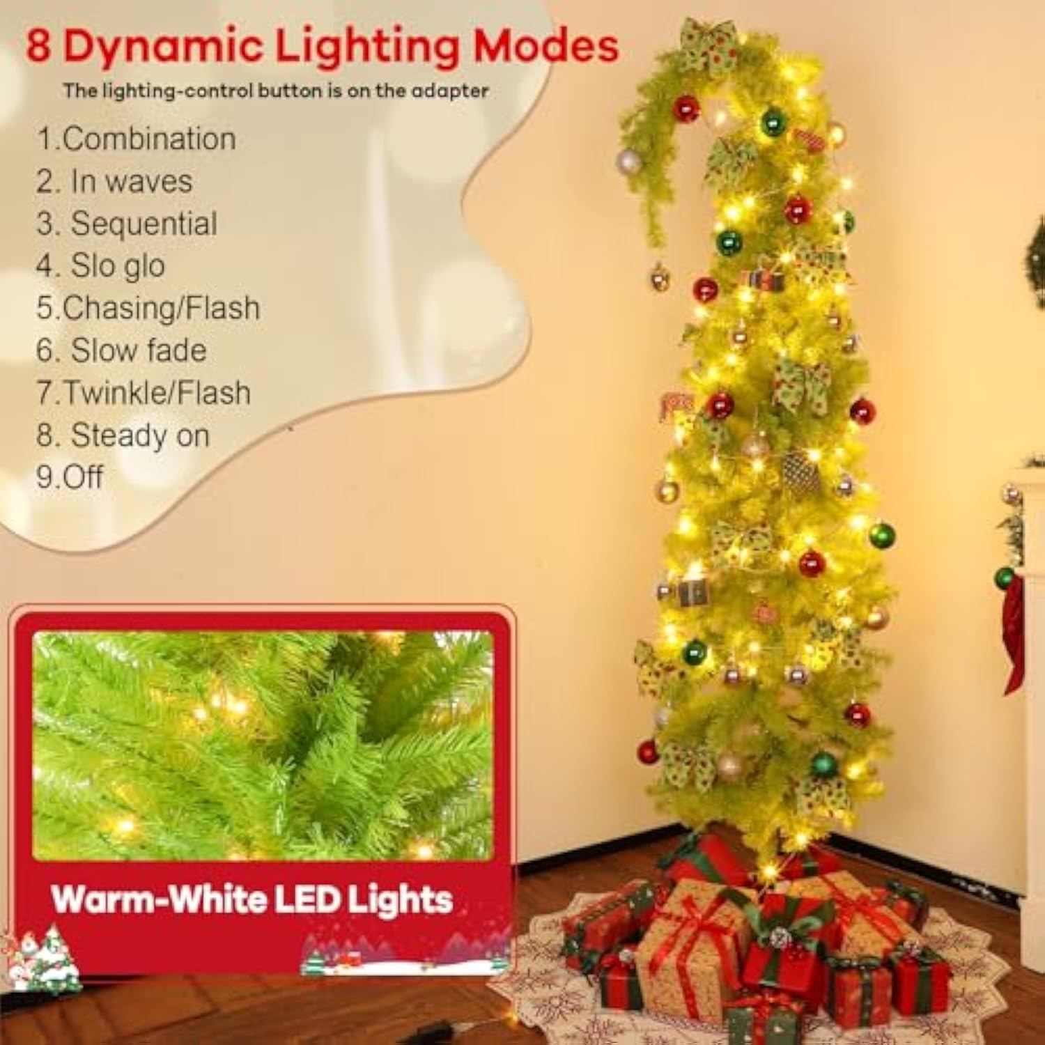 52Pcs 7.5 Ft Artificial Lighted Christmas Tree With Stand Bendable Christmas Tree With String Lights Ball Bow Whimsical Plastic Prelit Xmas Trees Holiday Party Decoration For Room Home Office Decor