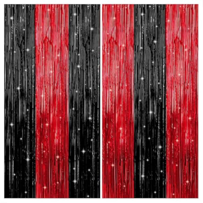 Red And Black Fringe Curtain - 6.4X8 Ft Pack Of 2 | Red And Black Streamers For Casino Theme Party Decorations | Door Streamers For Wedding, Anniversary, Bachelorette, Birthday Decorations