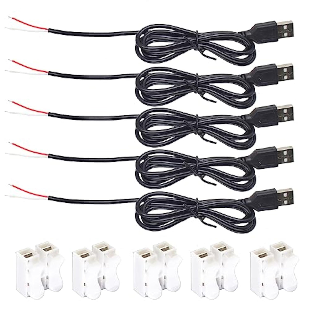 5Pcs Usb 2 Wire Pigtail Cable 1A 5V 1M 3.3Ft Black 28Awg Usb A Male Power Cable Plug Cord Connectors With Quick Wire Cable Connector