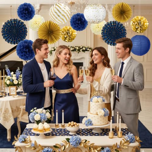 14 Pcs Navy Blue and Gold Party Decorations, Navy and Gold Decor