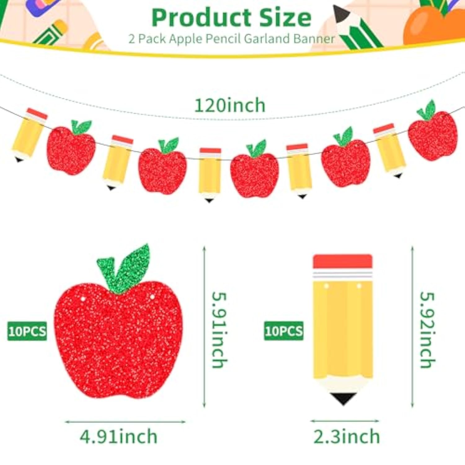 2-Pack Apple Pencil Garland Banner Pre-Strung Glitter Classroom and School Decor