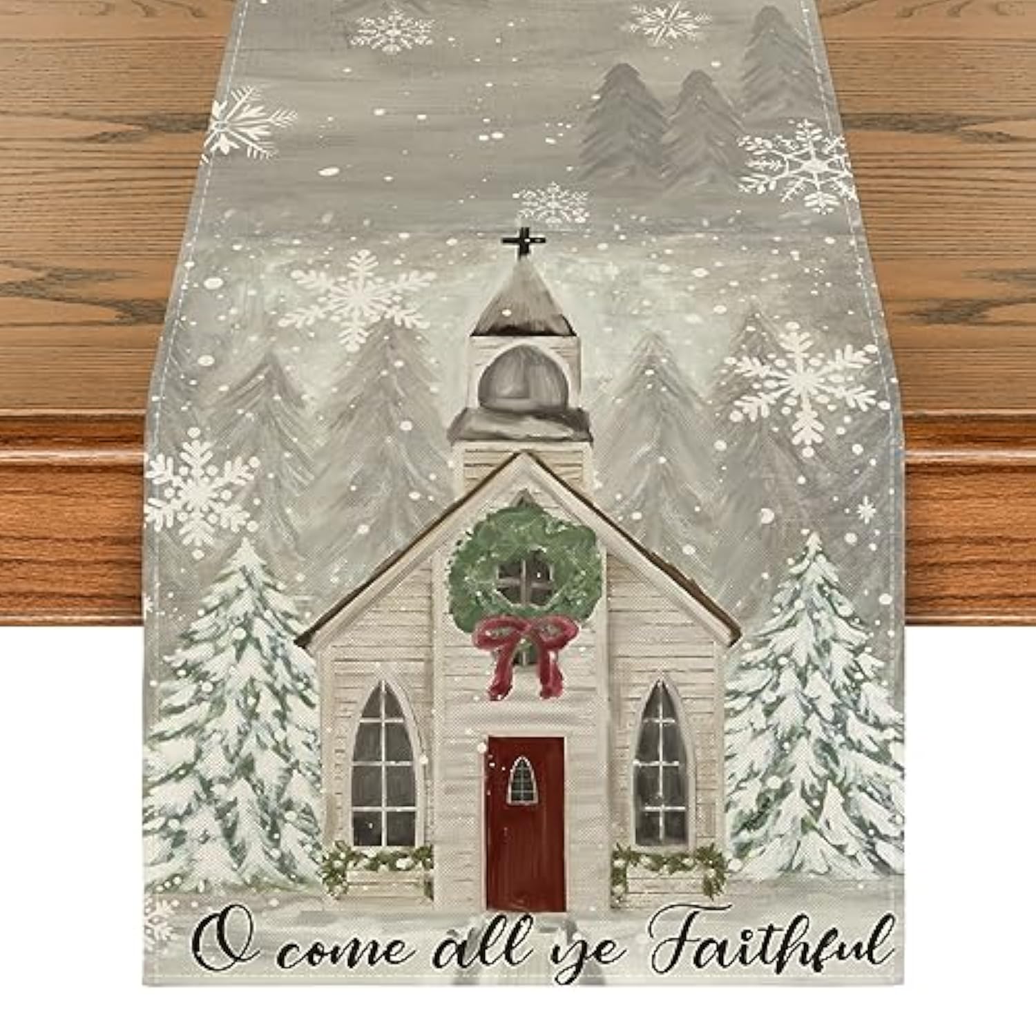 Church Xmas Trees Snowflakes Merry Christmas Table Runner, Bow Tie Kitchen Dining Table Decoration For Outdoor Home Party 13X72 Inch