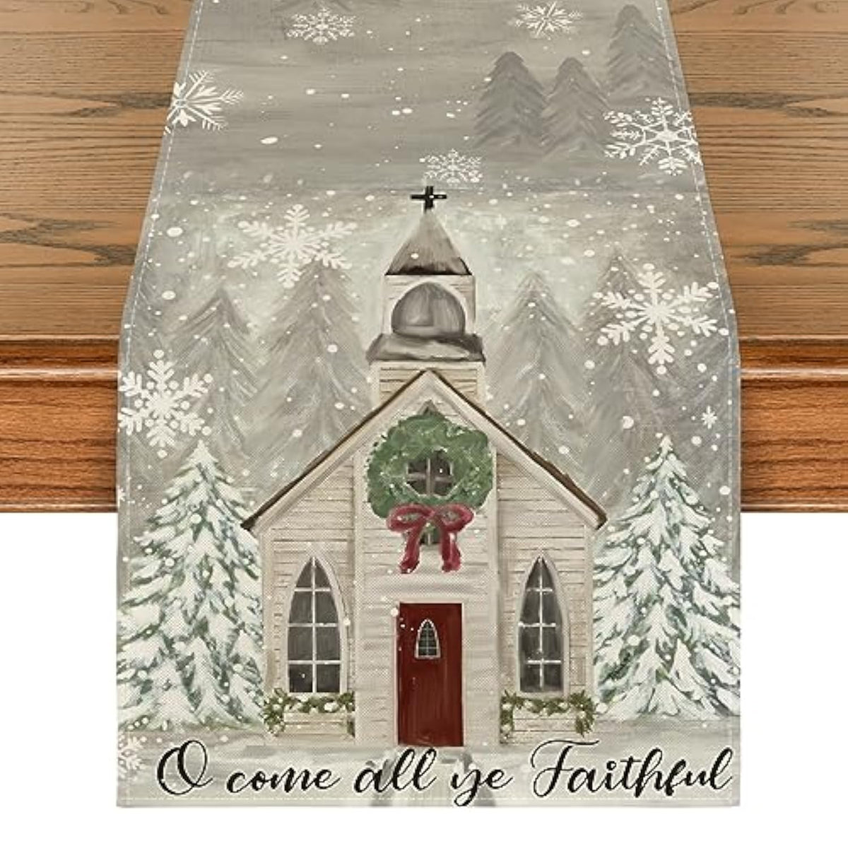 Church Xmas Trees Snowflakes Merry Christmas Table Runner, Bow Tie Kitchen Dining Table Decoration For Outdoor Home Party 13X72 Inch