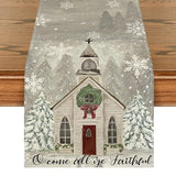 Church Xmas Trees Snowflakes Merry Christmas Table Runner, Bow Tie Kitchen Dining Table Decoration For Outdoor Home Party 13X72 Inch