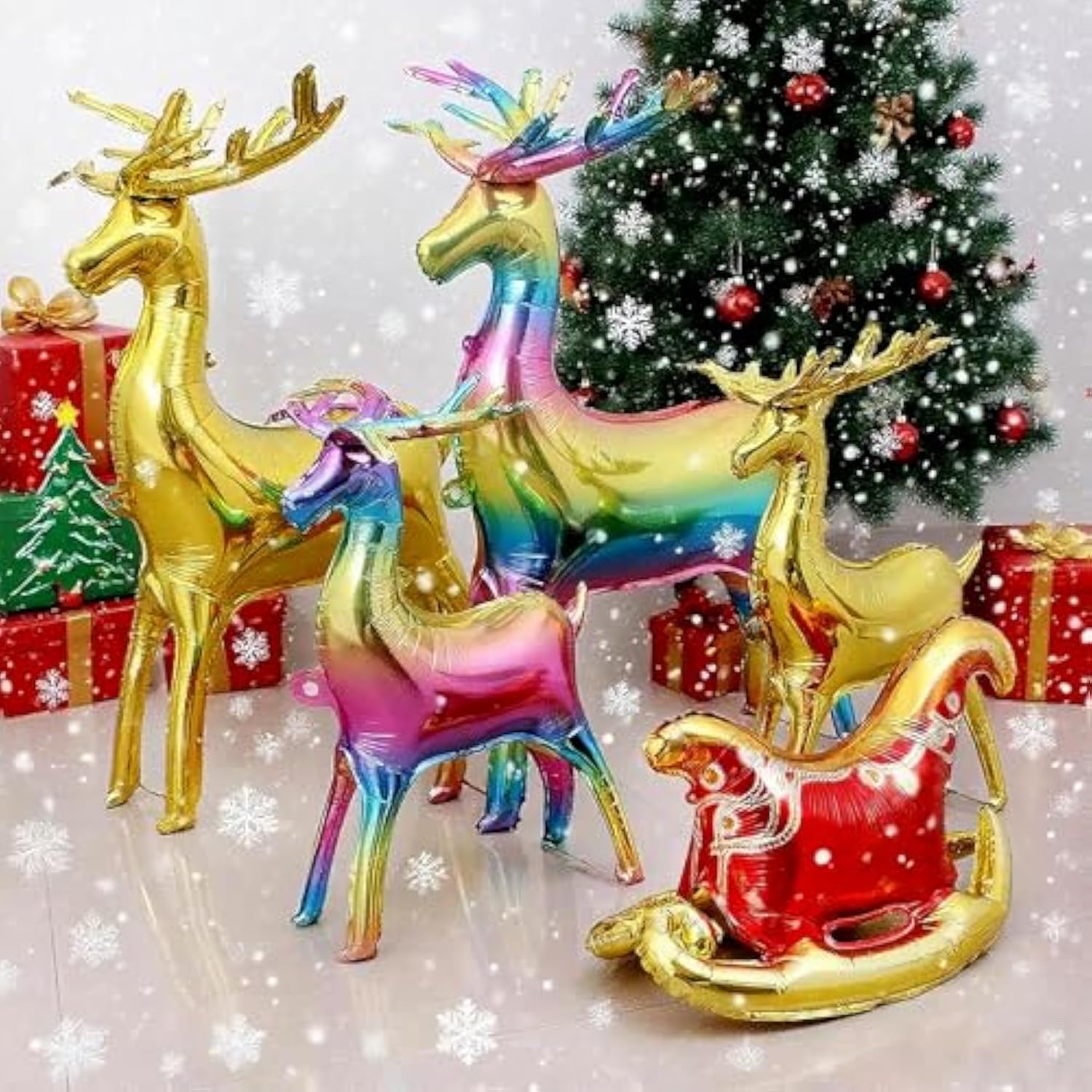5 Pc Christmas Foil Balloons Reindeer Santa Sleigh Mylar Xmas Party Decor