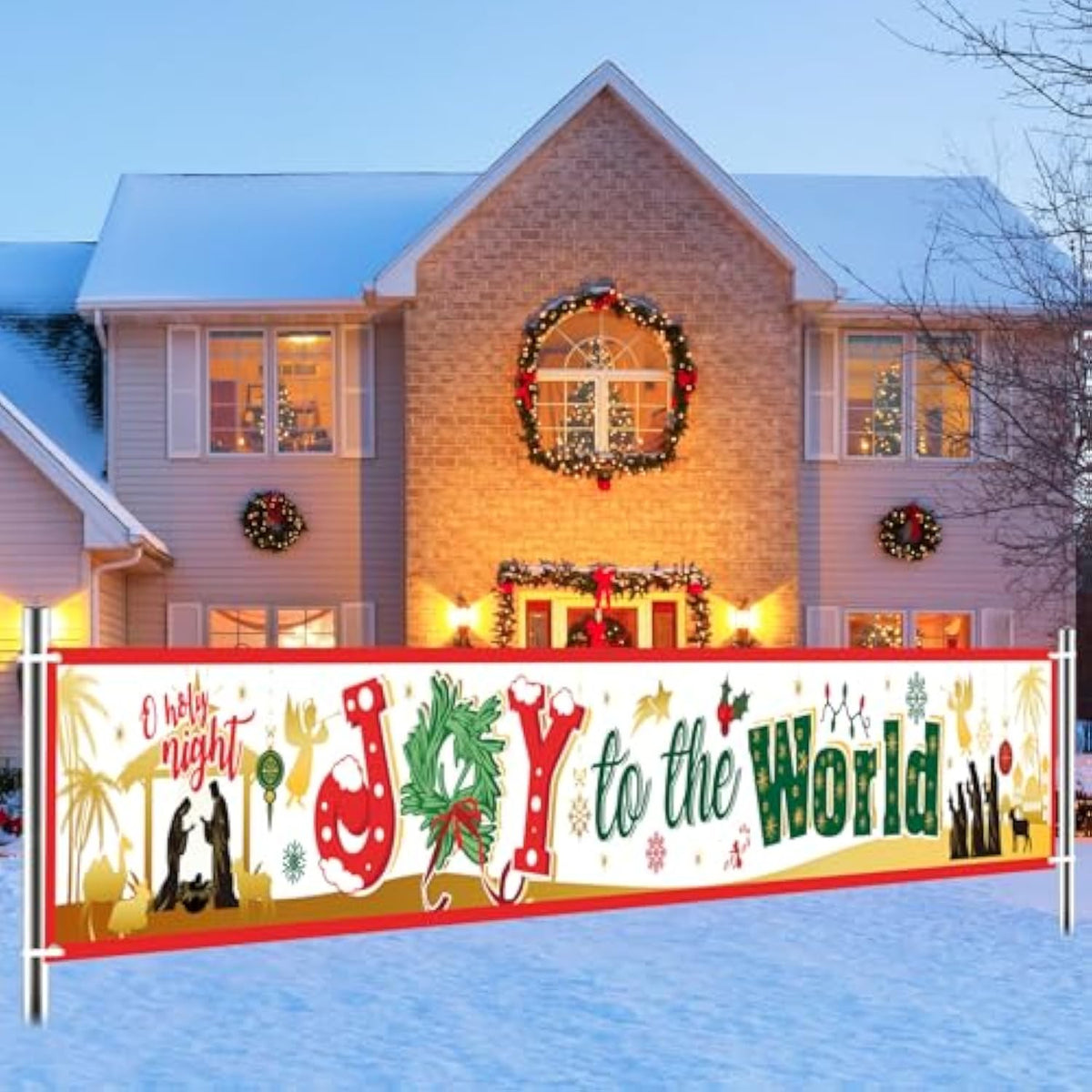 Christmas Joy To The World Fence Banner For Religious Christmas Party Decoration, O Holy Night Nativity Scene Yard Sign Banner For Christian Xmas Decor, Jesus Is The Reason For The Season Welcome Banner