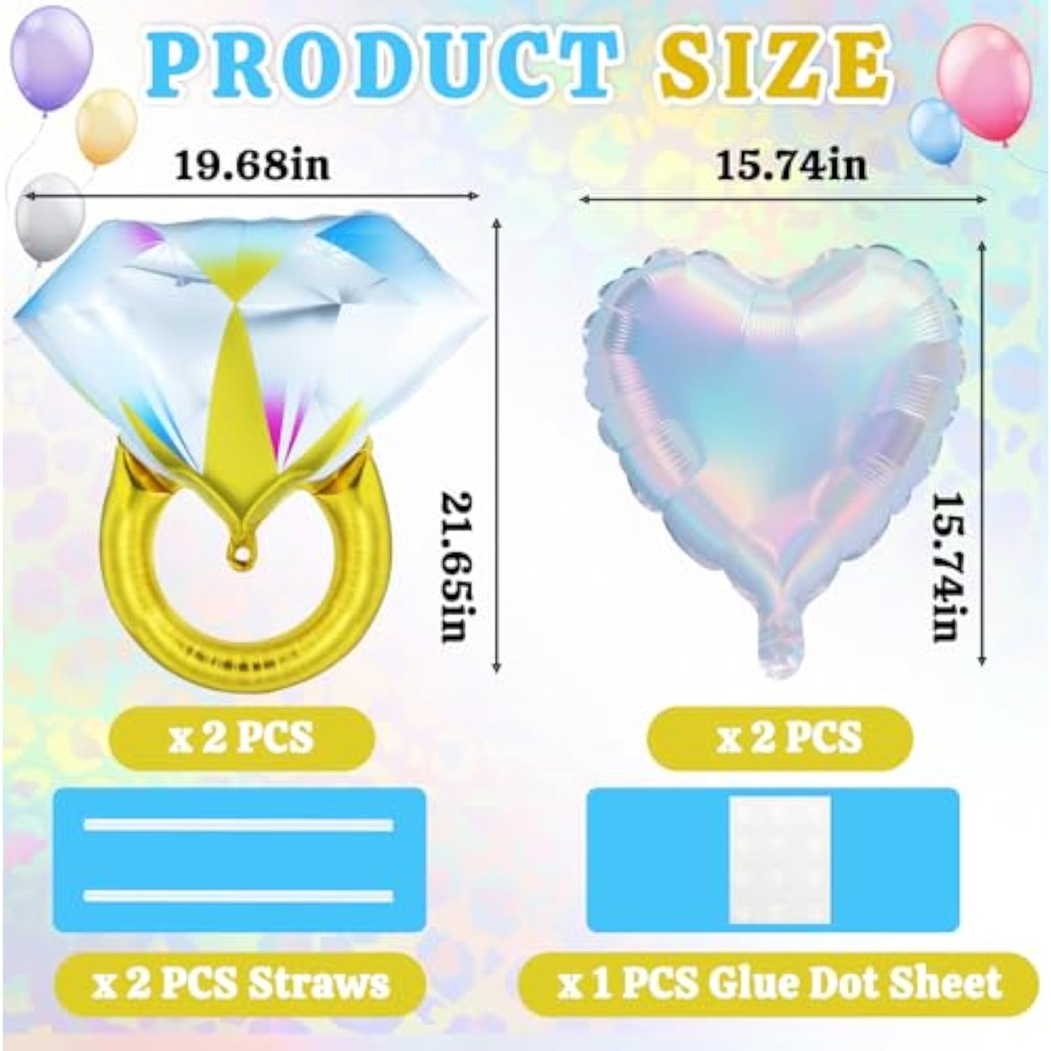 4Pcs Diamond Ring & Heart Balloons Set - Bachelorette Party Decorations, Engagement Decor, Wedding Proposal Balloons, Bridal Shower, Just Married, Bride Anniversary Valentine'S Day Party Favors