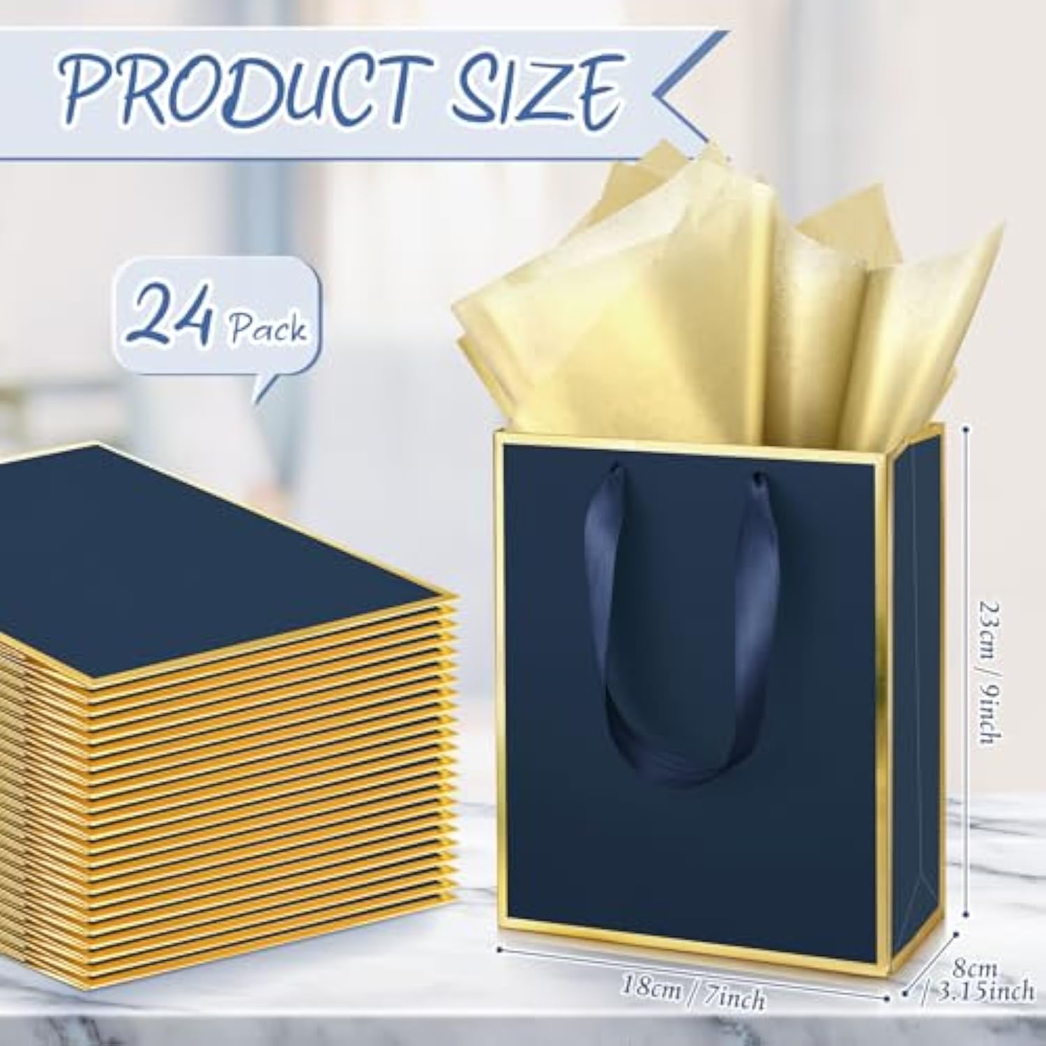 24 Pack Metallic Paper Gift Bags With Handle And Tissue 9X7X3.1 Welcome Gift Thank You Bags For Wedding Father'S Day Bridal Shower Groomsmen Birthday Party(Navy Blue, Gold)