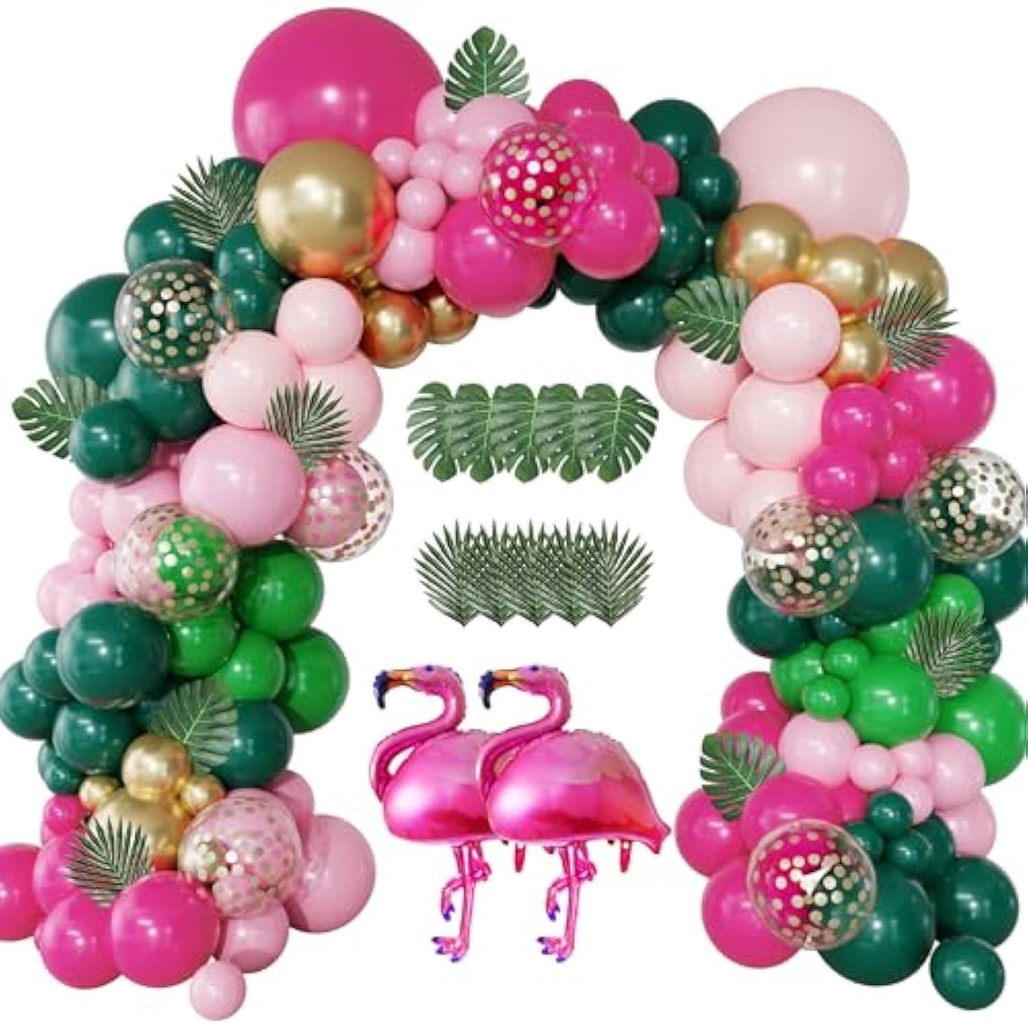 156Pcs Tropical Flamingo Balloon Arch Garland Kit, Hot Pink Dark Green Light Pink Gold Confetti Flamingo Foil Balloons With Palm Leaves For Hawaiian Luau Aloha Summer Beach Birthday Party Decorations