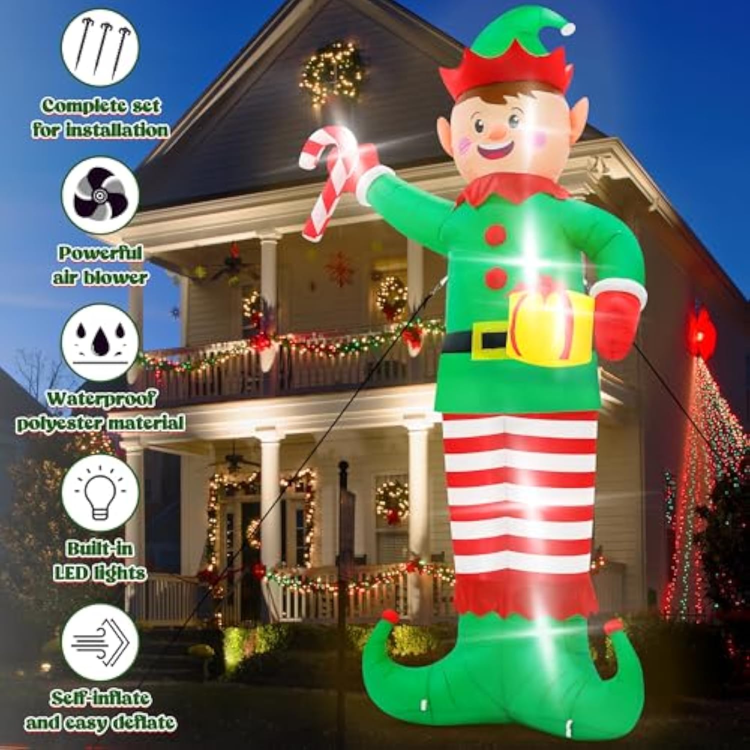 Christmas Inflatables, Giant 15 Ft Christmas Elf Inflatable Outdoor Decoration, Blow Up Xmas Elf Holding Box, Led Lighte