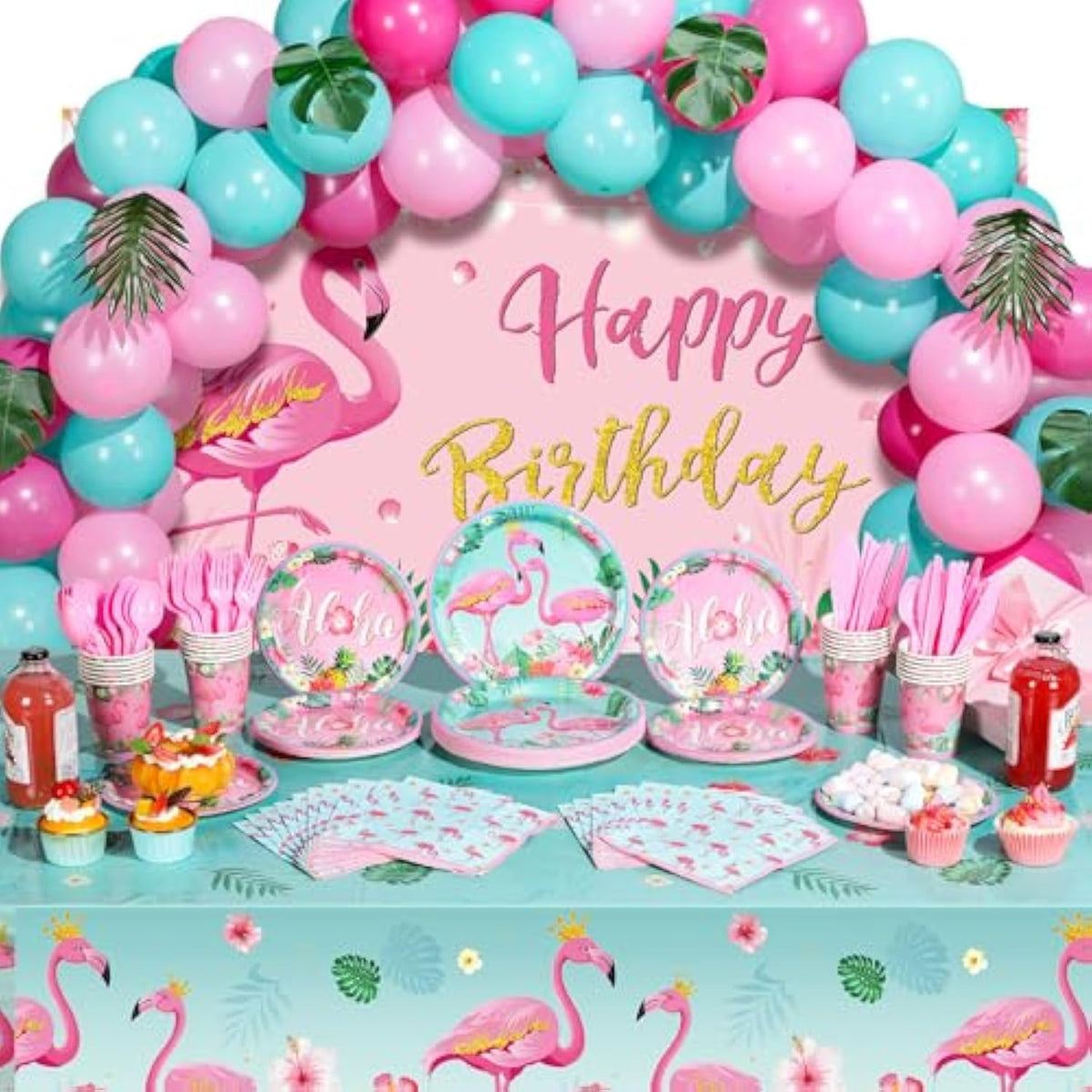 171 Pcs Flamingo Birthday Party Supplies 16 Sets Tropical Hawaiian Party Decorations Include Napkins Plates Cups Spoons Forks Knife Balloons Leaves Backdrop Tablecloth For Girls Boys Kids