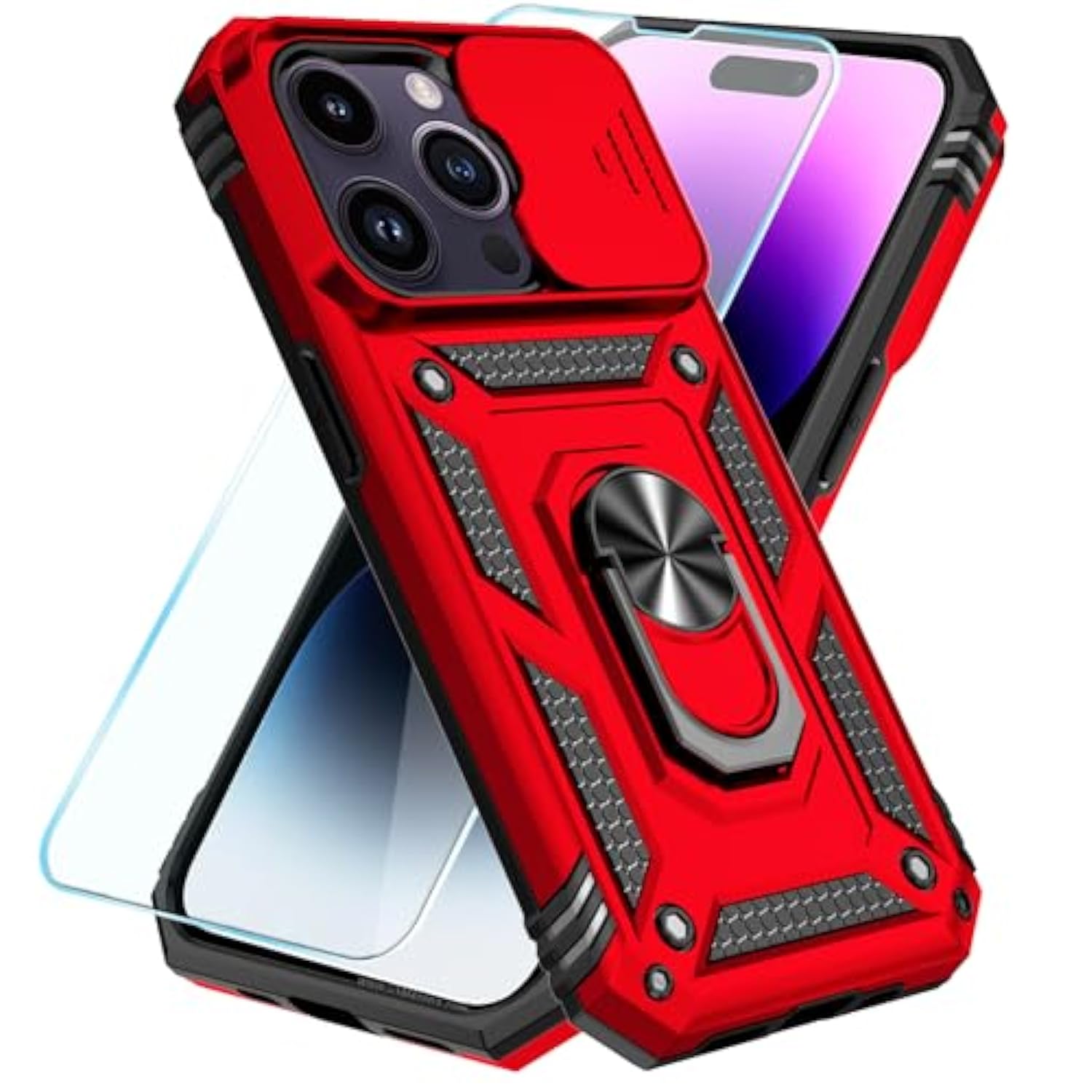 iPhone 14 Pro Max Military-Grade Case with HD Screen, Camera Cover, Ring Stand Red