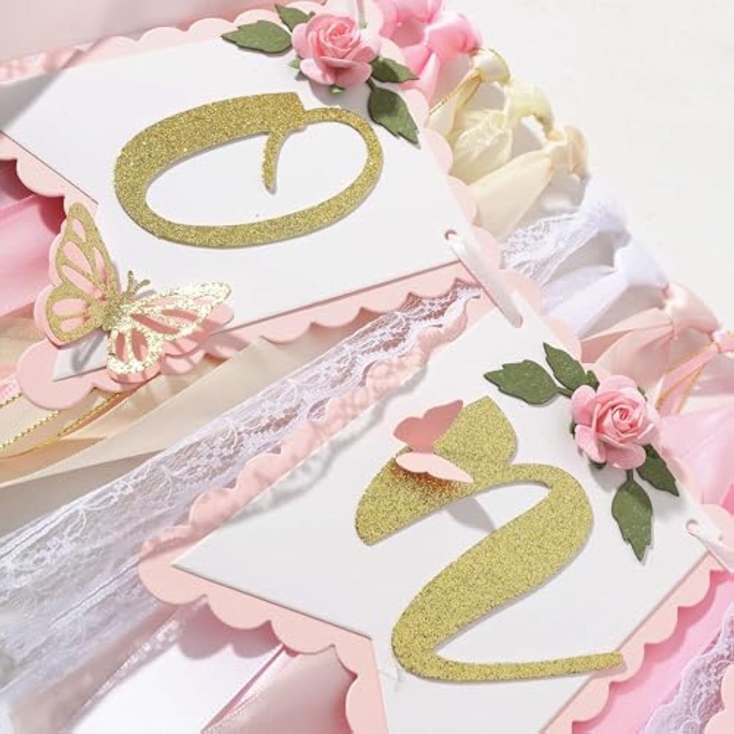 Pink And Gold High Chair Banner- Floral And Butterfly One Highchair Banner, 1St Birthday Party Decoration For Girls, Pink 1St Birthday Decor