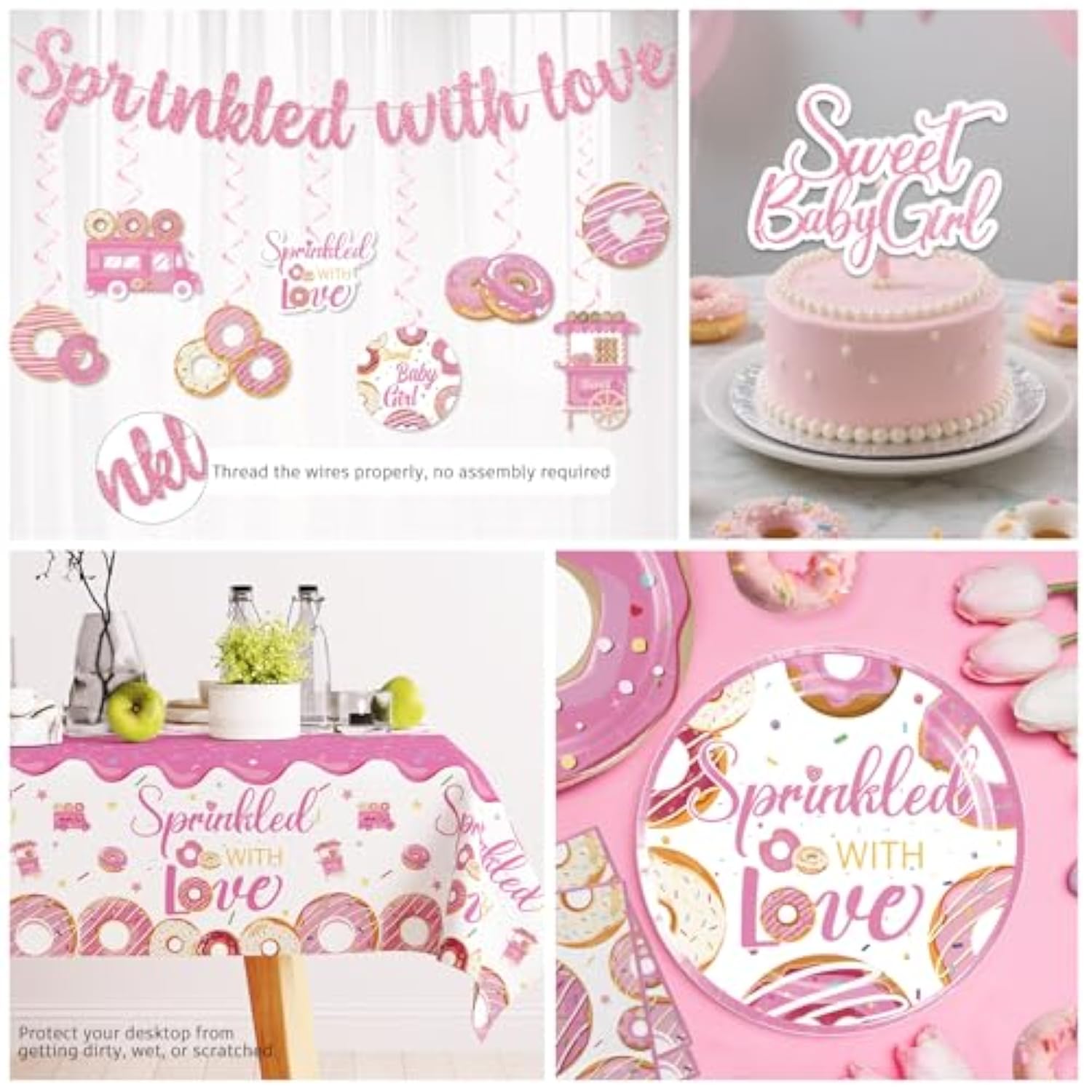 140Pcs Baby Sprinkle Decorations For Girl, Disposable Paper Tableware Includes Pre-Threaded Banner 40 Plates 2 Tablecloths, 20-Pack Tableware Suitable For Sprinkled With Love Baby Shower