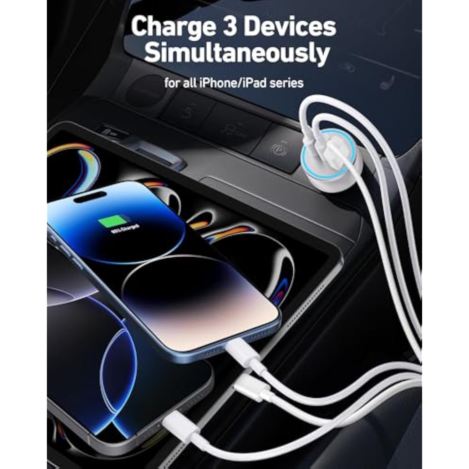 [Mfi Certified] Iphone Fast Car Charger, 3-Port 67W Usb C Car Charger Super Fast Charging Cigarette Lighter Adapter With 3Ft Usb-C To Lightning Cable For Iphone 14/13/12/11/Pro Max/Xs/Xr/X/Se, Ipad