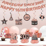 11Pcs 16Th Birthday Decorations Kit For Girls Women, Rose Gold Happy 16Th Birthday Banner, Awesome Since 2009 Centerpieces Swirls Party Supplies, Sixteen Bday Banner Ceiling Table Topper Sign