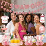 9Pcs Pink Rose Gold Baby Shower Decorations Kit For Girl, Floral It'S A Girl Gender Reveal Banner Table Centerpiece Hanging Swirls Set, Pregnancy Announcement Circle Dot Garland Banner Party Supplies