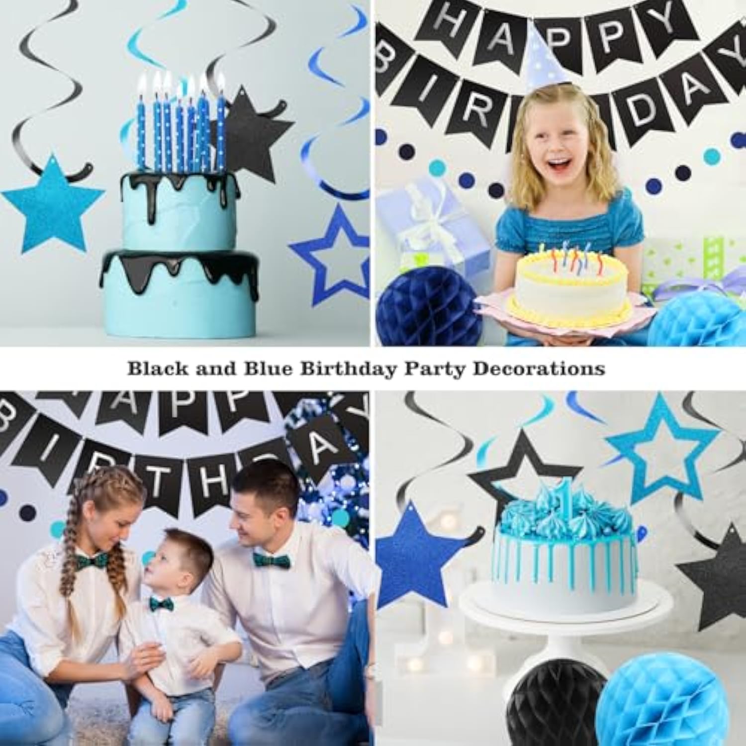 Birthday Decorations, Happy Birthday Banner With Honeycomb Balls, Stars Hanging Swirl Streamers, Circle Dots Garland, Happy Birthday Party Decorations For Women Men Boys Girls (Black&Blue)