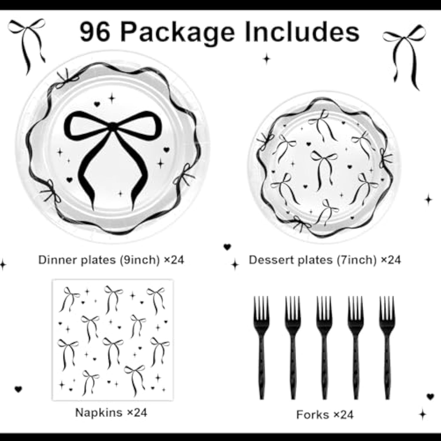 96Pcs Black Bow Plates And Napkins Black Bow Birthday Party Decorations Balck And White Bow Birthday Decorations Disposable Tableware Serve 24