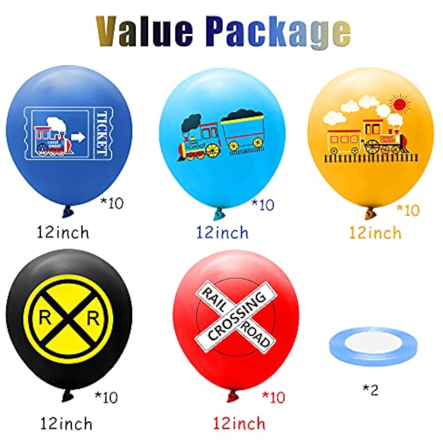 52 Pcs Railroad Crossing Train Balloons Set 12 Inches Latex Balloons Bouquet With Ribbon Railway Choo Choo Steam Train Traffic Sign Party Decorations Supplies For Kids Birthday Baby Shower