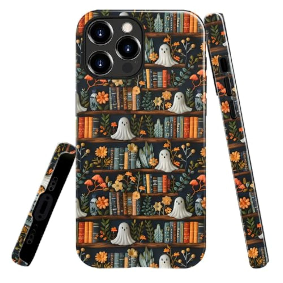 Case Compatible With Iphone 16 Pro Max,Scratch Resistant Hybrid 2-Layer Hard Shell Bright Phone Case,Spooky Ghosts On Bookshelf Halloween