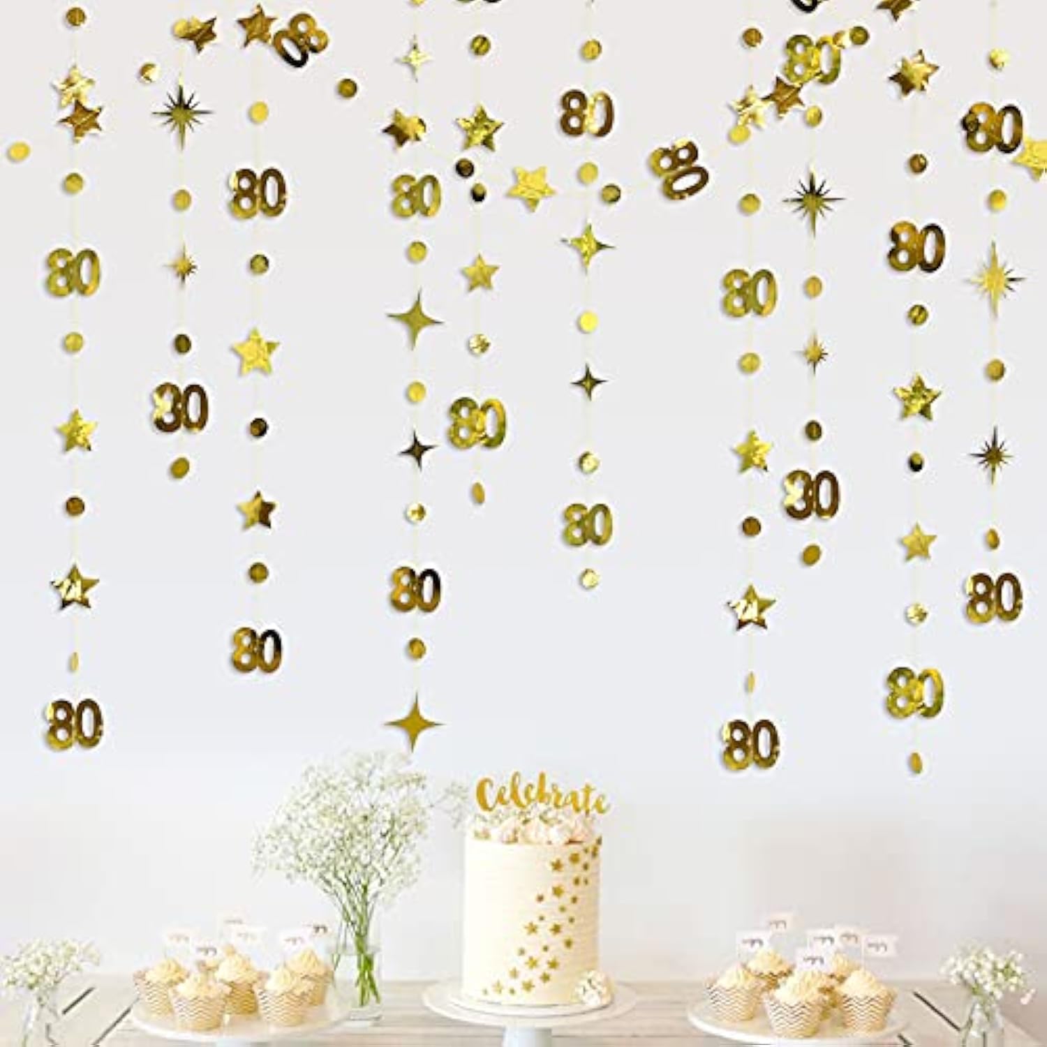 Gold 80th Birthday Decorations - Twinkle Star Garland & Banner for Anniversary Party