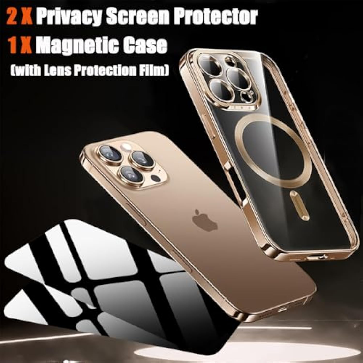 Magnetic Case For Iphone 15 Pro Max With 2 Privacy Screen Protector & Camera Cover [Compatible With Magsafe],Non-Yellowing Plating Glossy Shockproof Phone Case For Iphone 15 Promax,Gold