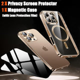 Magnetic Case For Iphone 14 Pro Max With 2 Privacy Screen Protector & Camera Cover [Compatible With Magsafe],Non-Yellowing Plating Glossy Shockproof Phone Case For Iphone 14 Promax,Gold