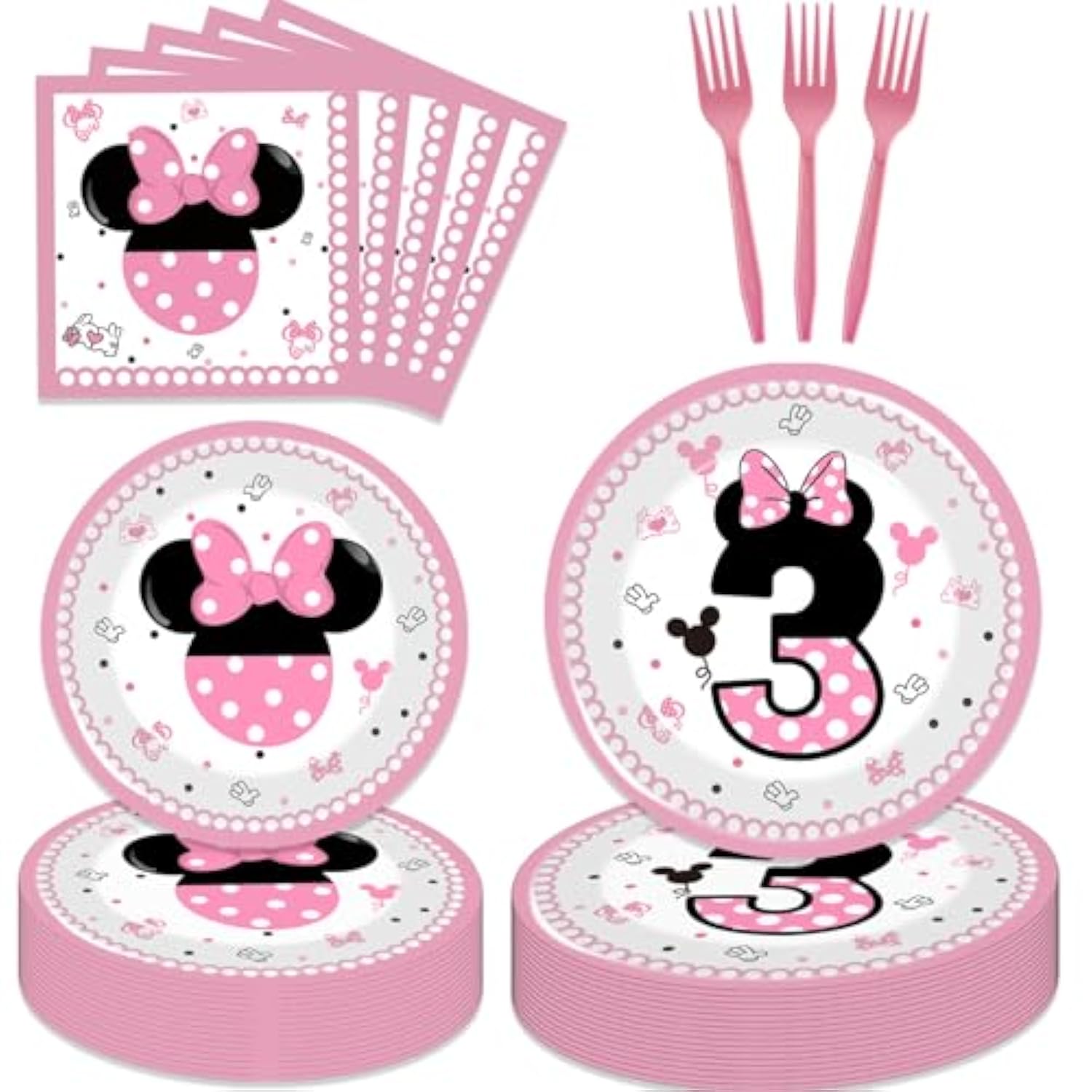 80 Pcs Pink 3Rd Birthday Party Tableware Pink Wild Three Paper Plates Napkins Forks For Girls Three Years Old Birthday Party Supplies Decorations