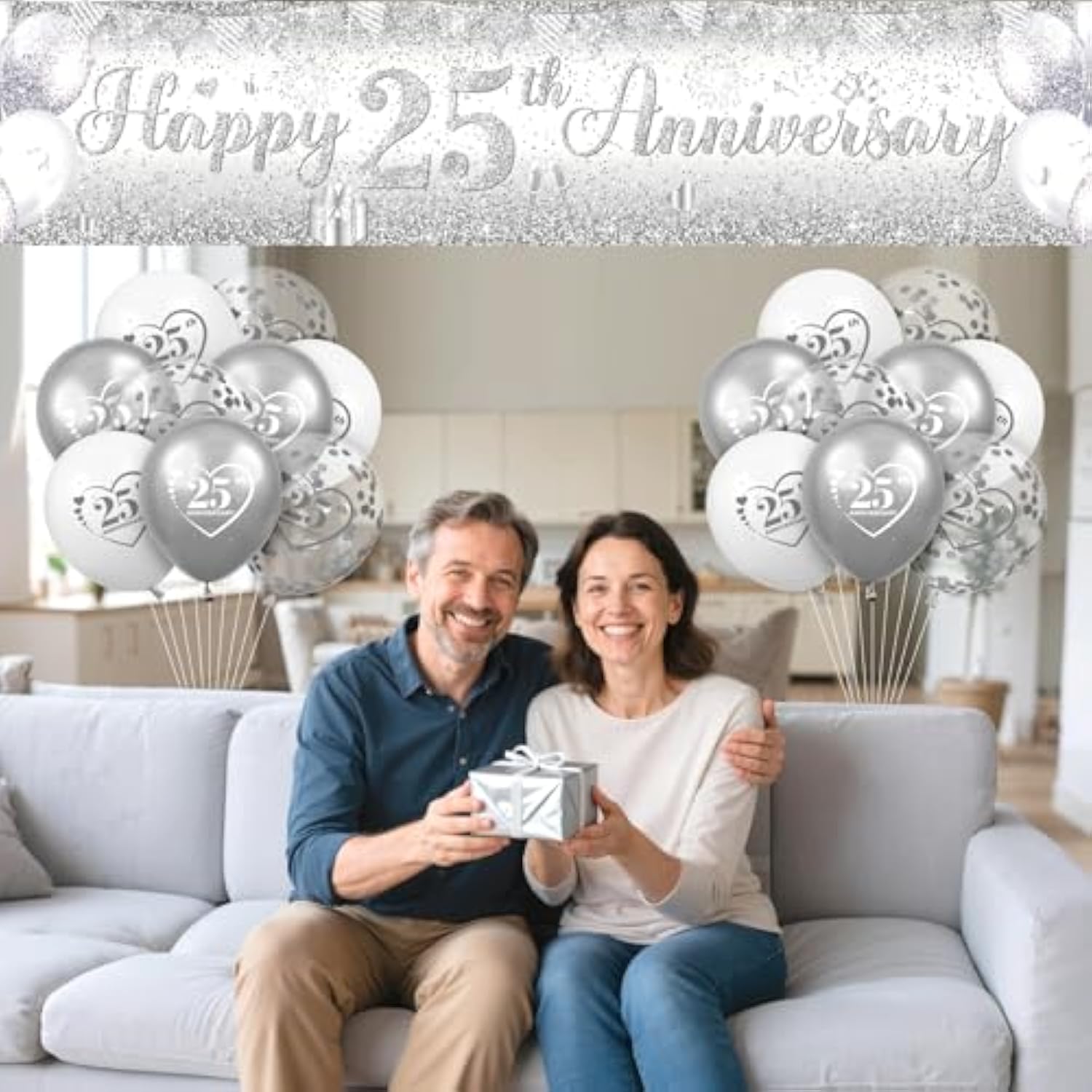 Silver 25Th Wedding Anniversary Decorations For Men Women Silver Happy 25Th Anniversary Banner And 18Pcs Balloons For 25 Years Wedding Party Decoration Supplies