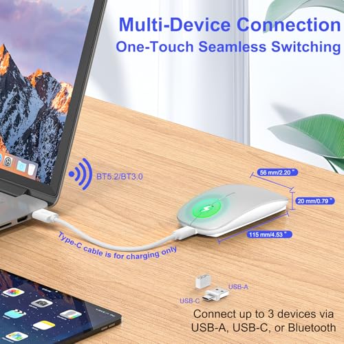 Bluetooth Wireless Mouse For Macbook Air Mac Pro Ipad Laptop Computer Pad Optical Rechargeable Slim Silent Dual Mode (2.4G Usb-C/Usb-A&Bluetooth 5.2/3.0) Mouse Jiggler For Computer Awakening - Silver