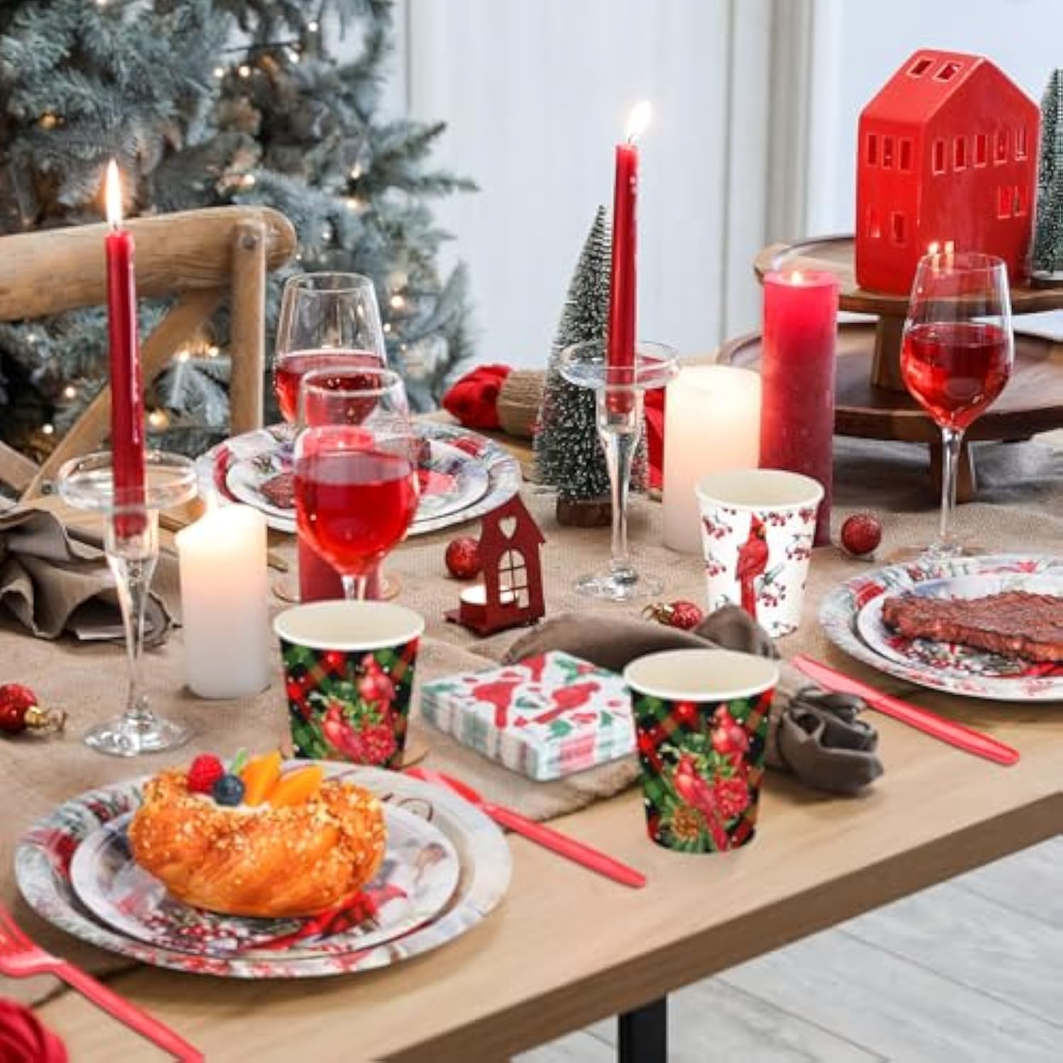 350 Pieces Christmas Disposable Dinnerware Set, Serves 50, Merry Christmas Paper Plates Red Cardinal Napkins Cups Cutlery For Christmas Holiday Dinner Party Decorations