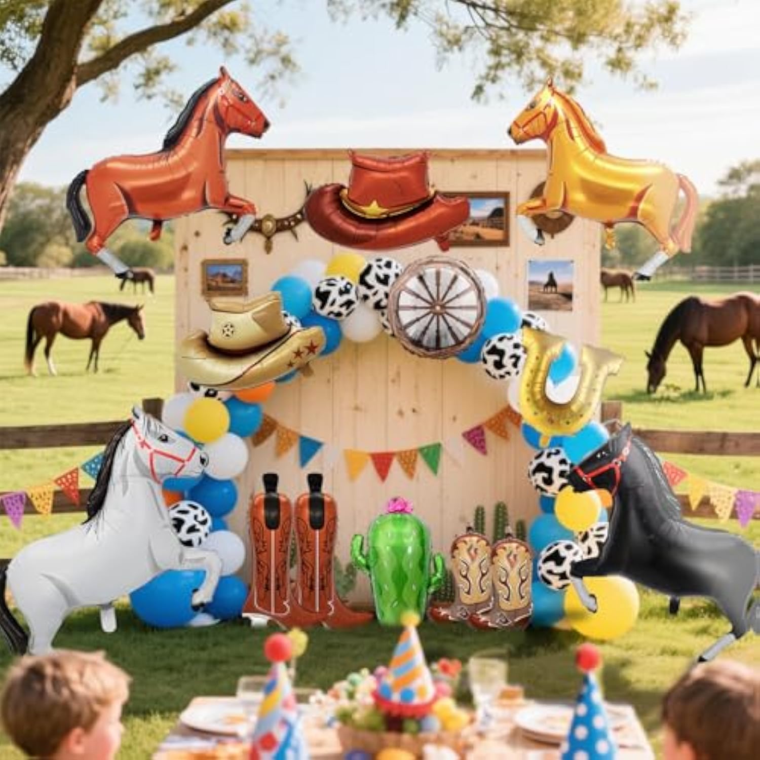 Cowboy Balloons Kit - 13Pcs Western Themed Party Decorations With Foil Horse, Horseshoe, Wheels, Cacti, Hat And Boot, Wild West Rodeo Balloons For Western Cowboy Birthday Party Decorations