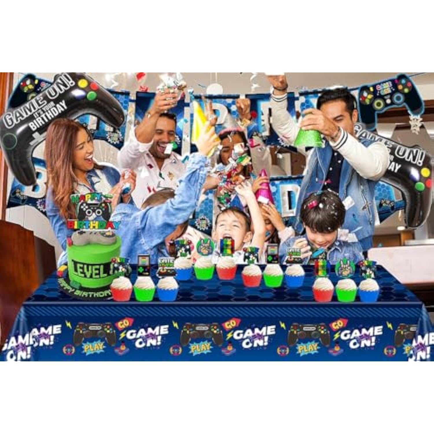 17-Piece Video Game Birthday Party Decoration Set With Game Controllers, Cake Decorations, Tablecloth And Foil Balloons For Boys And Girls Gaming Theme Celebration