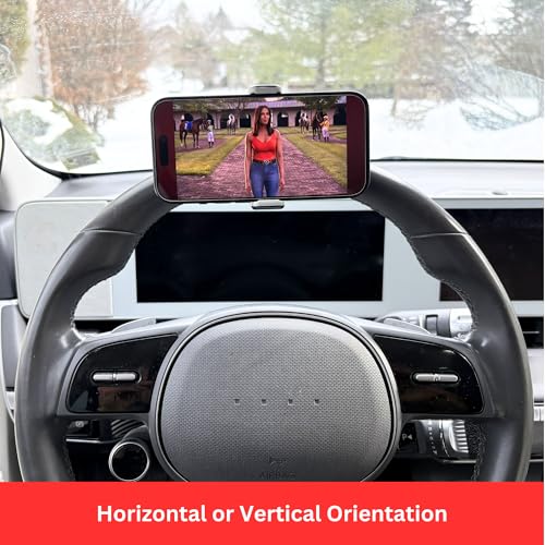 Steering Wheel Phone Holder Mount for Parked Use, Universal Clamp Fits Most Phones, 360° Rotating Adjustable Bracket, Quick Attach Detach, Hands-Free