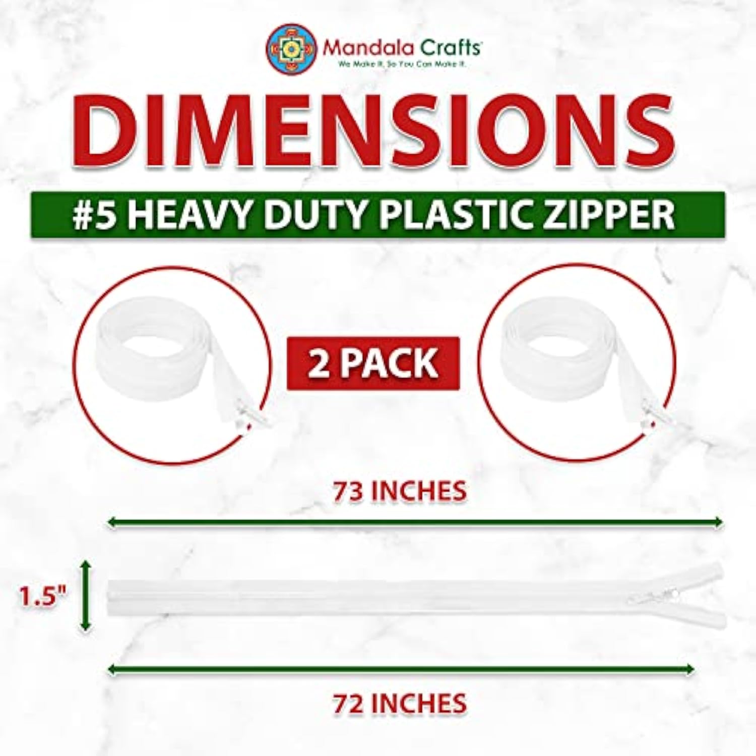 White 72 Inch Double Sided Zipper Reversible Zipper - #5 Plastic Separ
