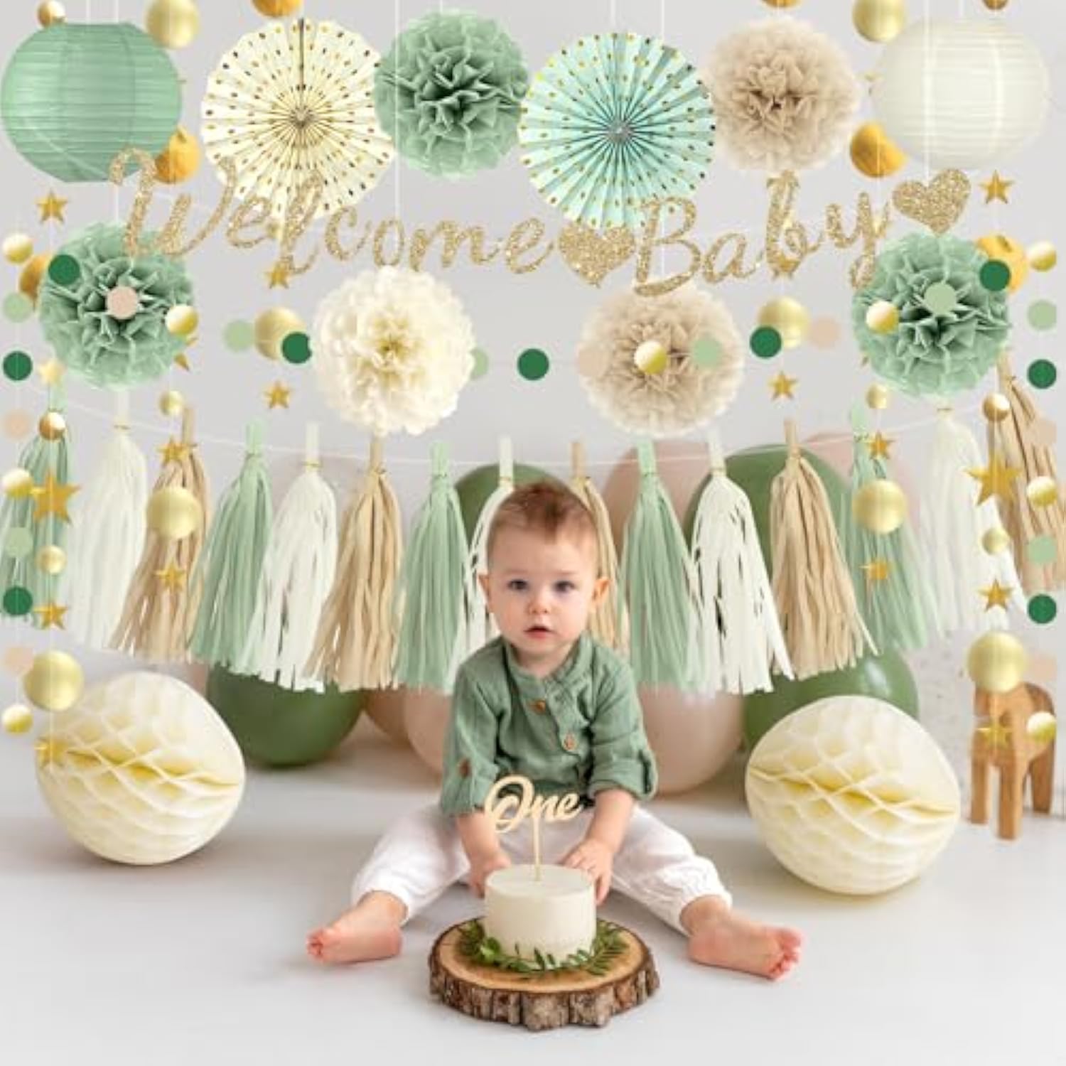 Sage Green Baby Shower Decorations - Welcome Baby Banner, Paper Lanterns, Tissue Pom Poms, Honeycombs, Paper Fan Tassel, Circle Dots Star, Gender Reveal Birthday Party Decorations