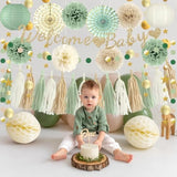 Sage Green Baby Shower Decorations - Welcome Baby Banner, Paper Lanterns, Tissue Pom Poms, Honeycombs, Paper Fan Tassel, Circle Dots Star, Gender Reveal Birthday Party Decorations