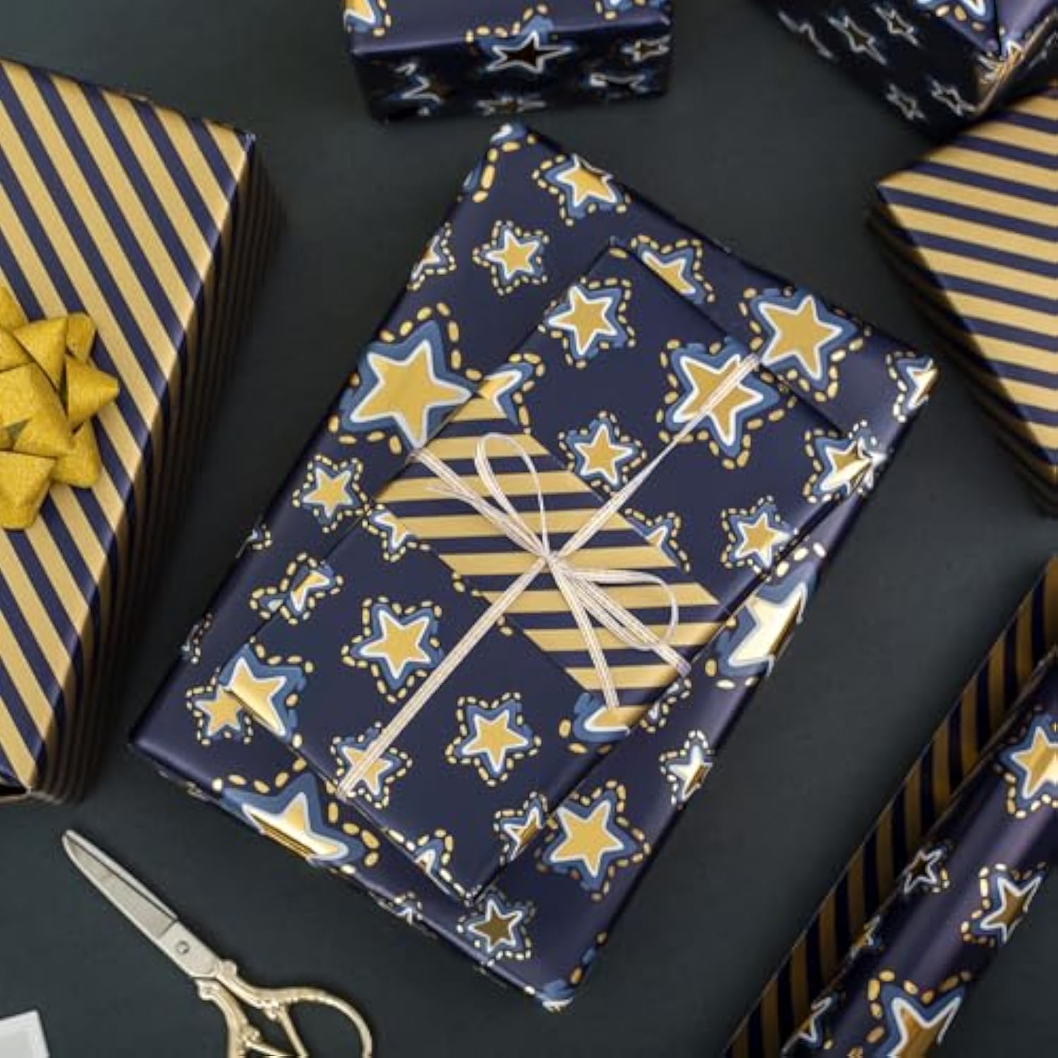 Reversible Gift Wrapping Paper Mini Roll, 17 Inches X 32.8 Feet Bright Colored Thick All Occasion Packing Paper For Birthday Wedding Holiday Party - Gold Stars/Dark Blue Sky/Stripes Design