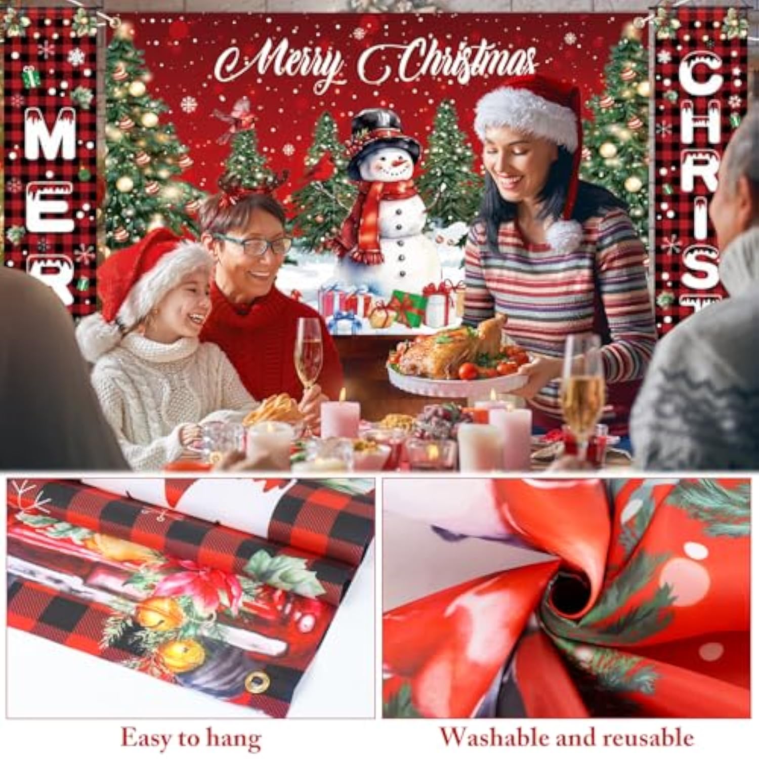 Merry Christmas Banners With 3 Pcs 71"X 43" Christmas Backdrop And Porch Signs Hanging Ribbon, Indoor & Outdoor Christmas Decorations For Home Wall/Front Door/Yard, Party, Photography