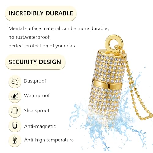 Usb Flash Drive,16Gb/32Gb/64Gb/128Gb Portable Usb2.0 Memory Stick Secure Date Storage Pendrive Thumb Drives Rhinestone Pendant With Chain (Gold, 128Gb)