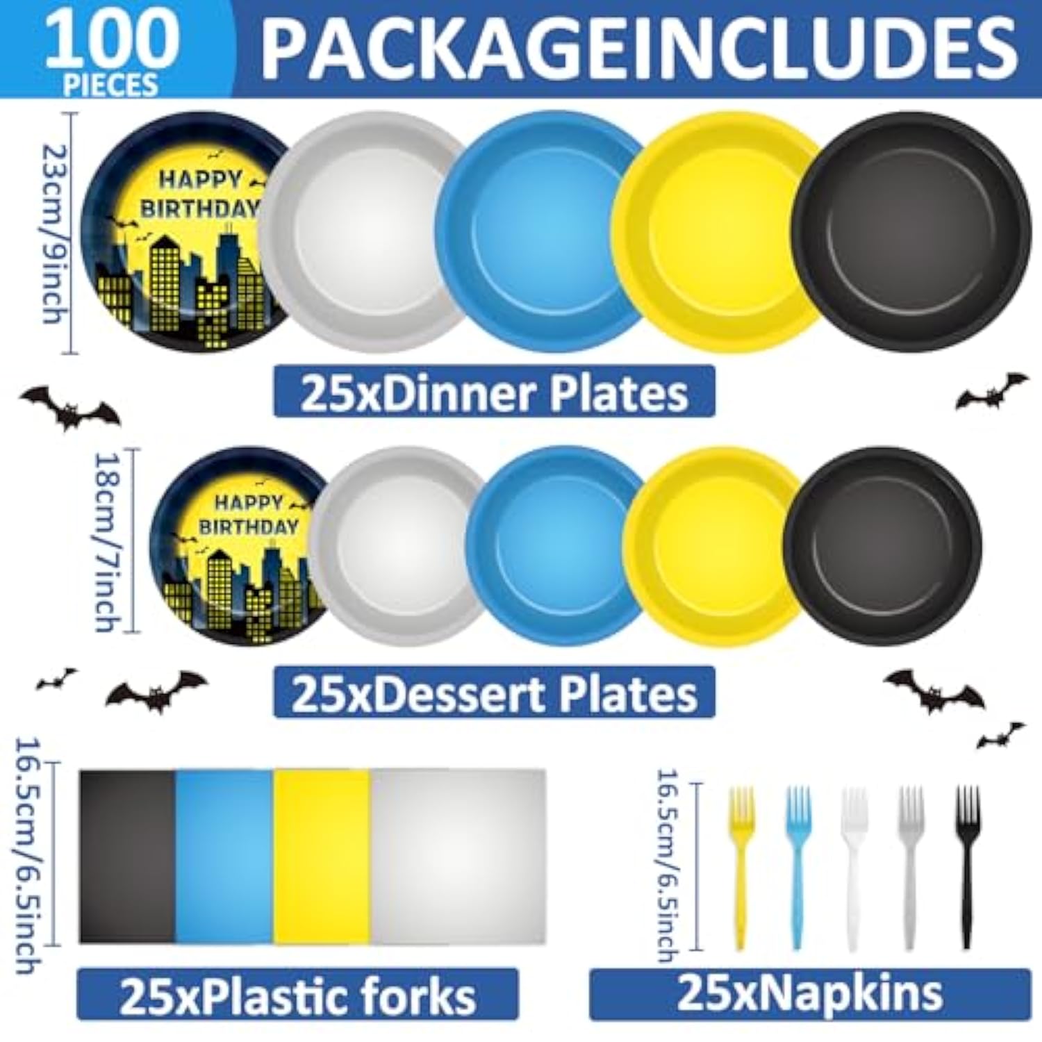 100Pcs Bat Super Theme Hero Party Decorations Bat Birthday Paper Plates And Napkins Hero Party Disposable Tableware Set Black Yellow And Silver Dinner Plates For Boy Kids Birthday Baby Shower Supplies