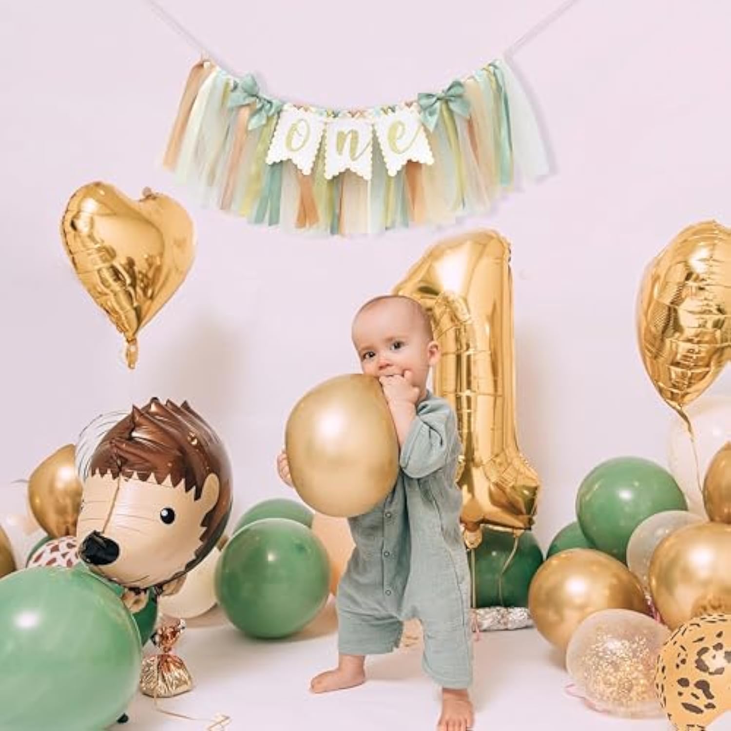 Sage Green One High Chair Banner - Simple 1St Birthday Party Decorations,First Birthday Highchair Garland For Cake Smash,Sage Green Gold Ivory Ribbon Banner,Rustic Party Photo Backdrop
